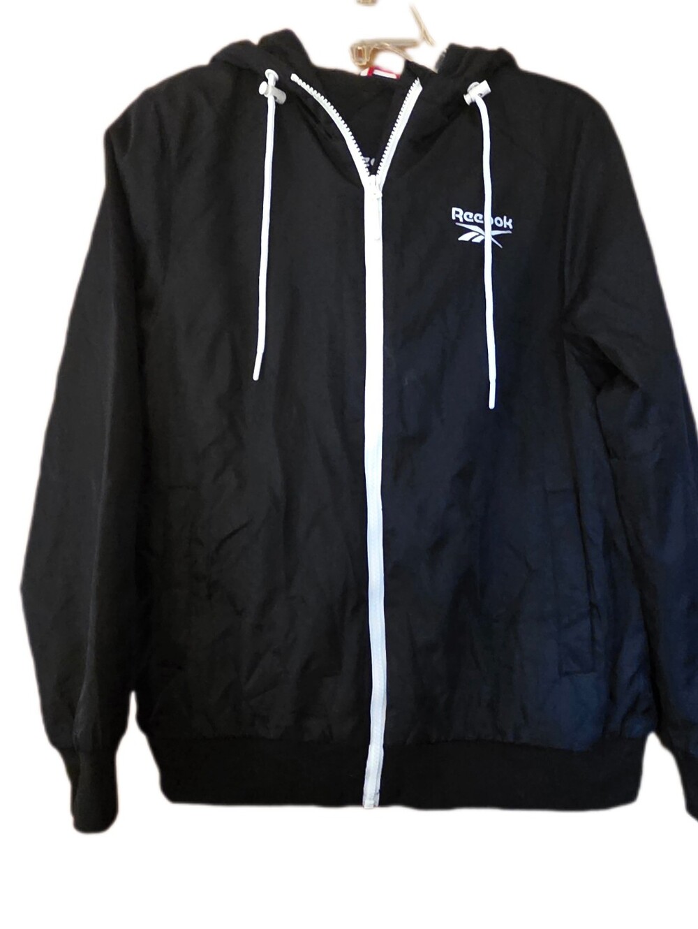 Reebok Black Fleece Lined Zip Up Jacket Sporty Hooded Size Medium